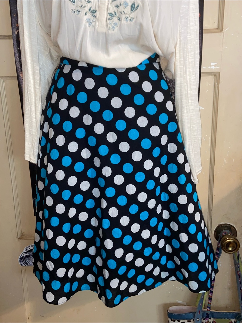 TURQUOISE WHITE POLKA DOT NAVY SKIRT A-Line Full 100% Cotton!